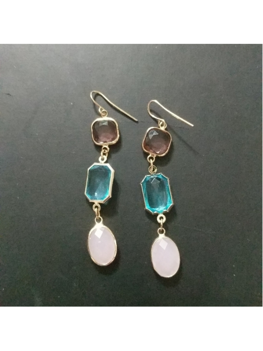 Gold Tone Purple Blue Pink Crystal Faceted Drop Statement Earrings